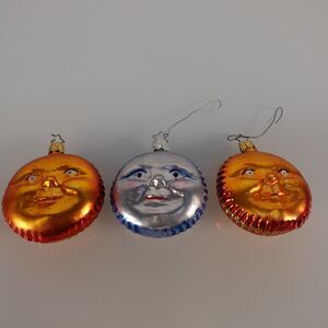 Vintage Germany Lot of 3 Inge Glas Christmas Ornaments Orange Sun Blue Moon Face